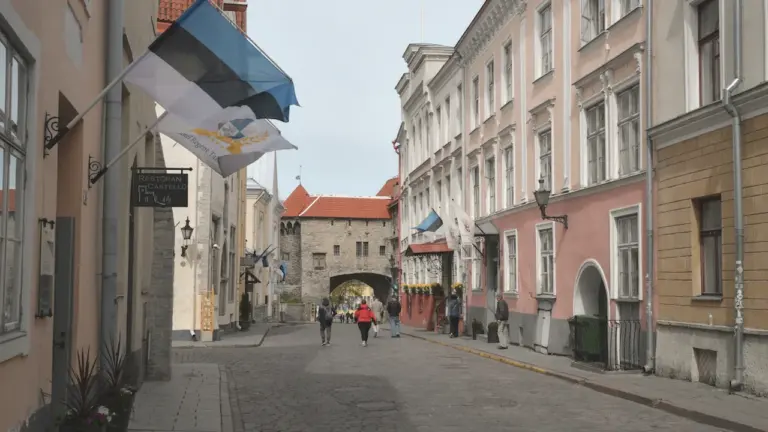 Eesti lipp lehvimas ajaloolisel Pikal tänaval Tallinna vanalinnas suvisel ajal.